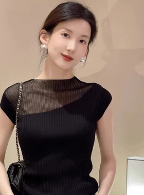 法式黑色针织衫短袖t恤女夏季新款高级感正肩无袖冰丝上衣0521r1