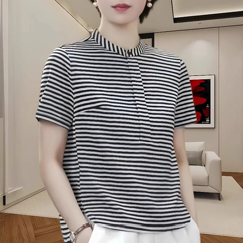 纯棉条纹短袖T恤女夏季宽松2025新款妈妈时尚洋派遮肚子显瘦上衣