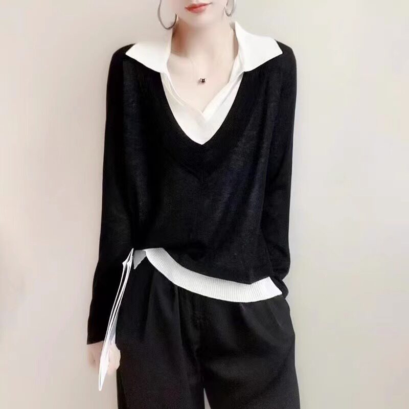 polo领长袖假两件打底针织衫女2026秋季新款韩版百搭宽松显瘦上衣