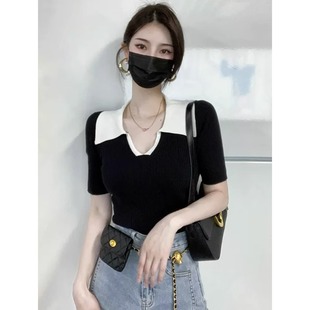 翻领上衣 黑色正肩冰丝针织撞色polo衫 v领短袖 T恤女夏修身 显瘦短款