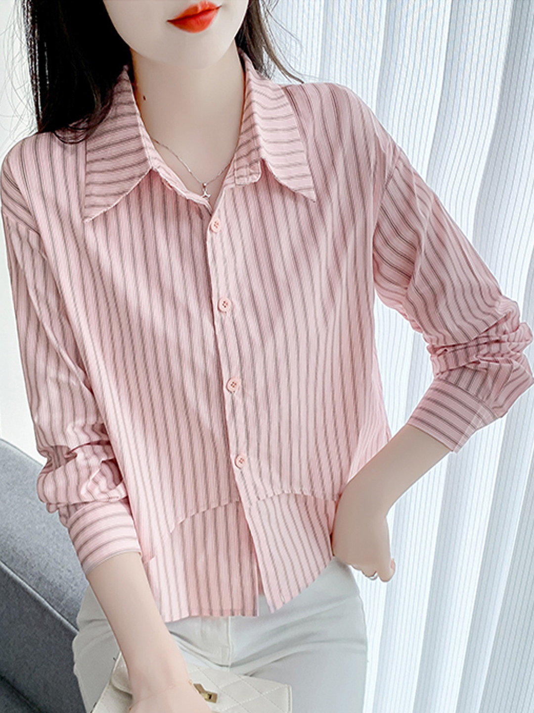 单排扣女士条纹衬衫春秋季2025新款宽松显瘦短款纯棉衬衣长袖上衣