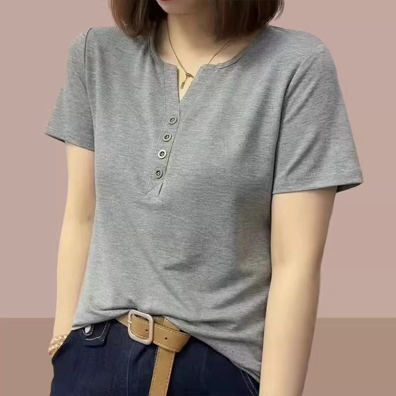 纯棉V领短袖t恤女夏季2026新款宽松显瘦纯色百搭中年妈妈短款上衣