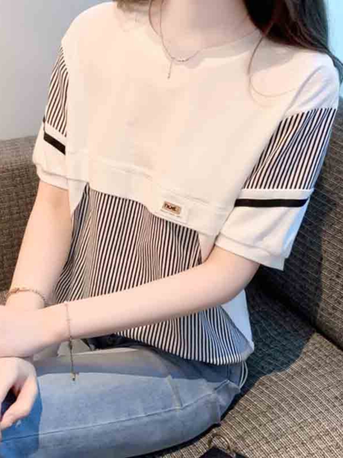 夏季条纹圆领短袖t恤女2025新款时尚洋气宽松百搭假两件上衣小衫