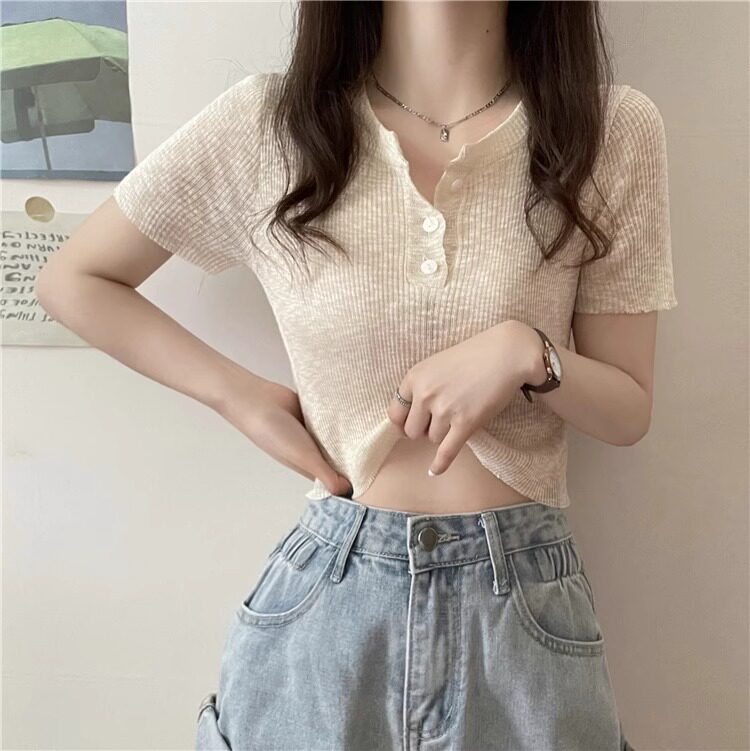 杏色针织短袖t恤女夏薄款2025年修身显瘦V领洋气时尚减龄短款上衣