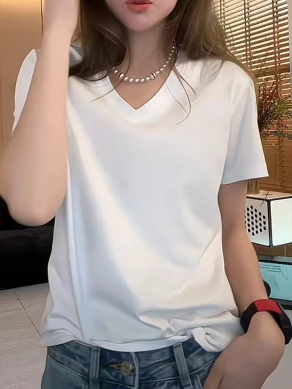 白色纯棉宽松v领短袖t恤女夏季2025韩版正肩时尚洋气纯色显瘦上衣