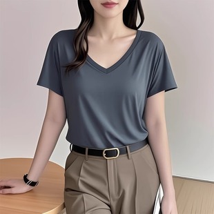 休闲鸡心领冰丝半袖 韩版 大码 莫代尔宽松V领t恤女夏慵懒风短袖 新款