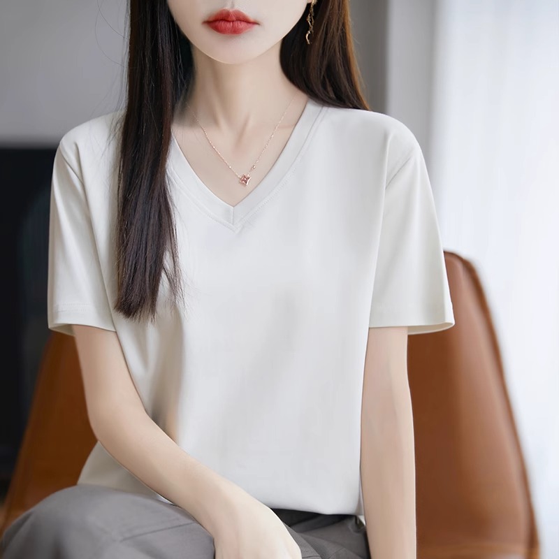 纯棉短袖t恤女V领2025年夏季新款宽松大码丝光棉上衣正肩体恤半袖