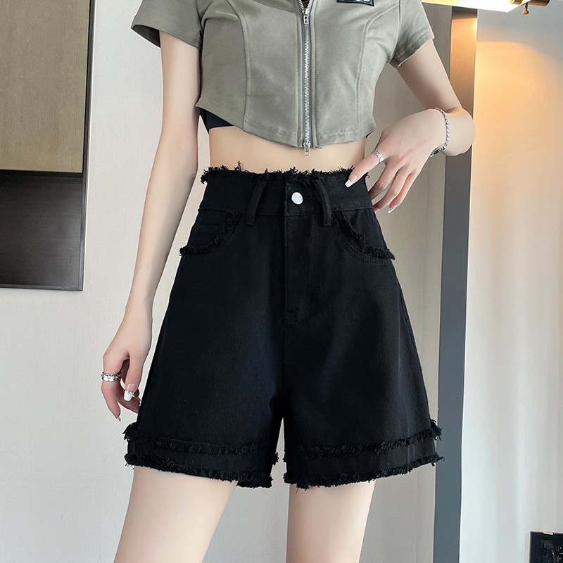 黑色牛仔短裤女夏薄款2025高腰宽松显瘦毛边小个子a字阔腿五分裤