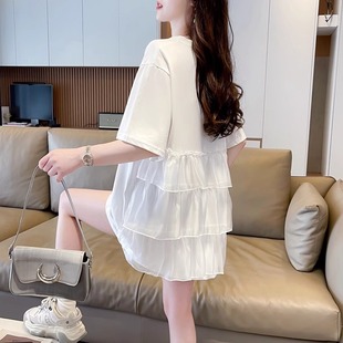 t恤女裝 歐貨大碼 短袖 夏季 純棉白色中長款 寬松網(wǎng)紅洋氣蝴蝶結(jié)上衣