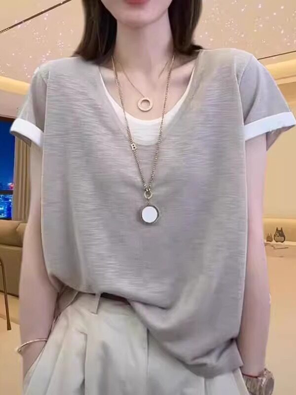 大码纯棉假两件短袖针织衫t恤女夏季胖mm显瘦独特超好看单穿上衣