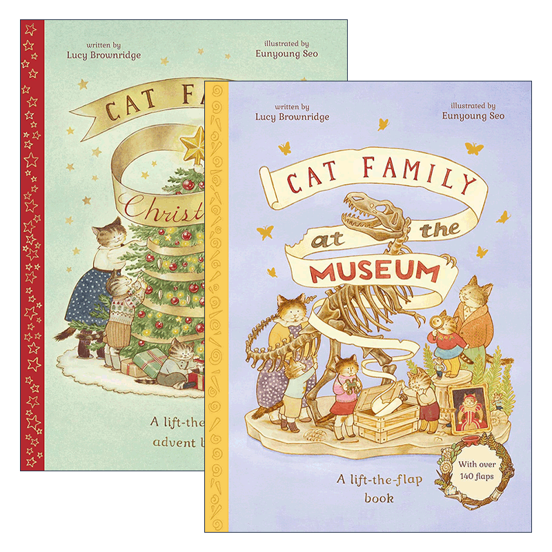 英文原版 Cat Family 猫猫家族系列3册 翻翻书 儿童精装绘本 四季历程 博物馆游记 圣诞节假期 英文版 进口英语原版书籍