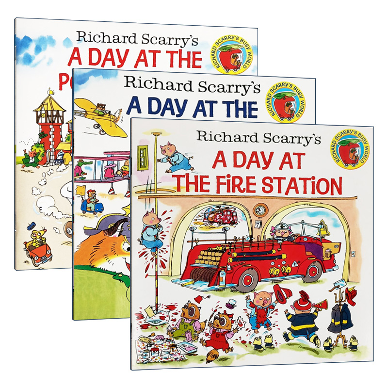 忙碌的一天 3册套装 英文原版儿童绘本 Richard Scarry’s A Day 飞机场 警察局 消防站 斯凯瑞金色童书 英文版进口儿童启蒙书籍