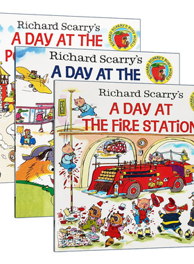 忙碌的一天 3册套装 英文原版儿童绘本 Richard Scarry’s A Day 飞机场 警察局 消防站 斯凯瑞金色童书 英文版进口儿童启蒙书籍