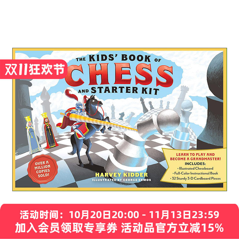 英文原版 The Kids’Book of Chess and Starter Chess Set 儿童国际象棋书和初级国际象棋套装 含棋盘 全彩教材 32个3D纸板片