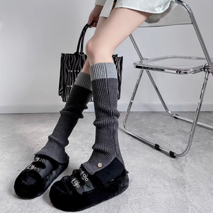 灰色拼色针织jk袜套堆堆袜子女冬季小腿袜毛线保暖腿套纽扣中筒袜