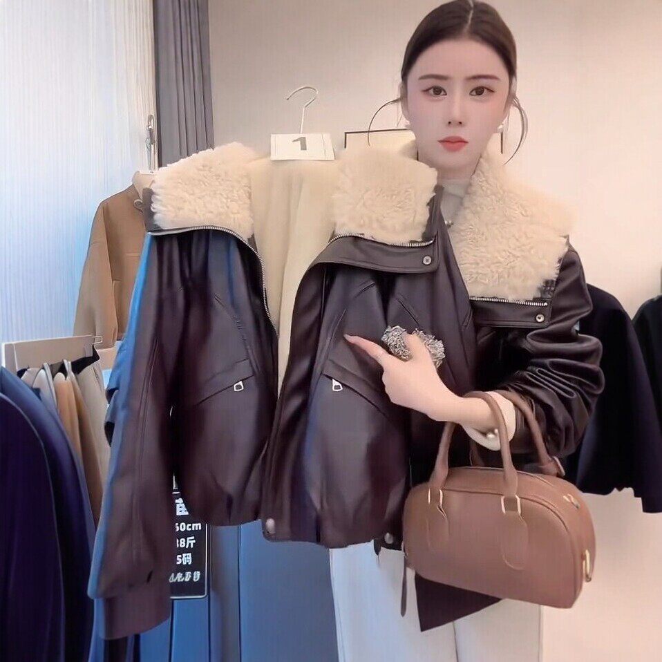 海宁皮衣女短款2026秋冬新款毛领气质显瘦百搭机车皮夹克外套
