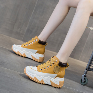 黄色运动短靴内增高8CM厚底高帮小白鞋真皮加绒女鞋2025秋冬新款