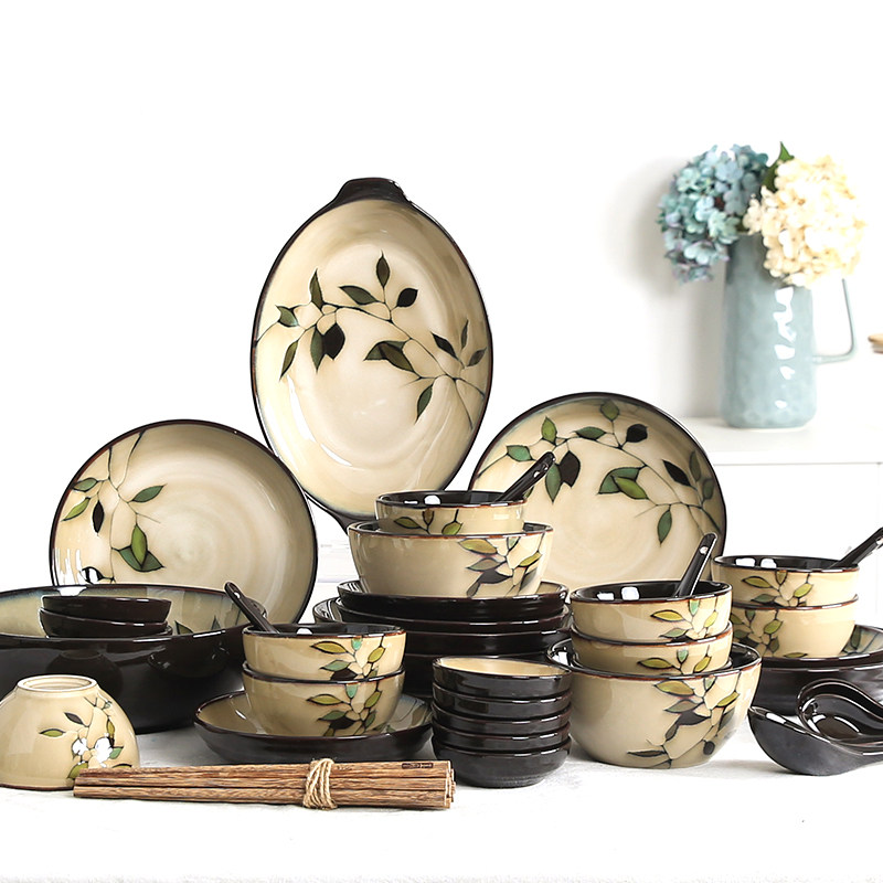 玉泉竹叶日式餐具套装碗盘家用碗碟碗筷高级感陶瓷盘子中式轻奢