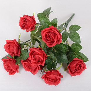 北欧客厅手感保湿玫瑰插花束假话花电视柜卧室花艺装饰摆设9头婚
