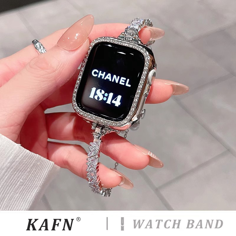 适用iwatch9手表带新款s10单排彩钻金属腕带iwatch8时尚高级感se代女款秋冬ultra轻奢小众表带38/41/40mm创意