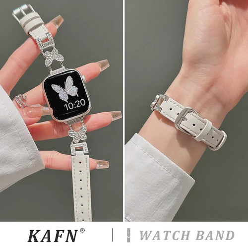 适用于s10/11苹果手表带新款真皮皮质iwatch9金属蝴蝶s8拼皮表带applewatch7/6/5/4夏季时尚se代小众女高级