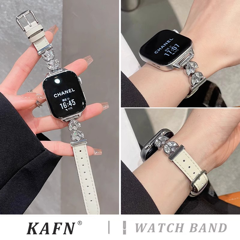 适用iwatchs10手表带新款s9专用鱼尾双钻拼平纹皮表带s8运动腕带applewatch7/6/5/4夏季时尚se男女款高级透气