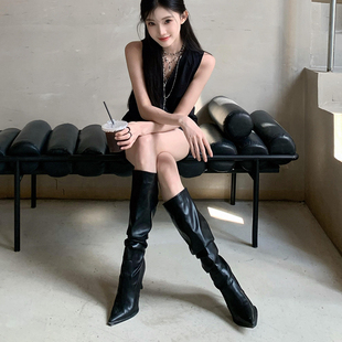 尖头高跟长筒靴女2025新款 小个子细跟不过膝高筒骑士靴黑色堆堆靴