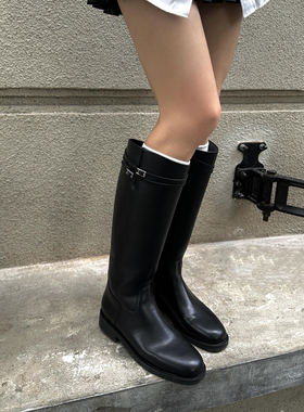 圆头高筒骑士靴2025年新款双-子-星粗跟不过膝长靴直筒显瘦长筒靴