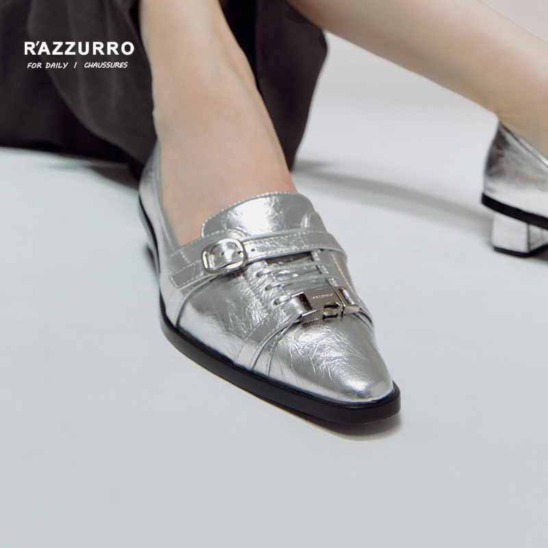 R'AZZURRO 牛皮原创设计通勤百搭单鞋金属扣极简一脚蹬24新款女鞋
