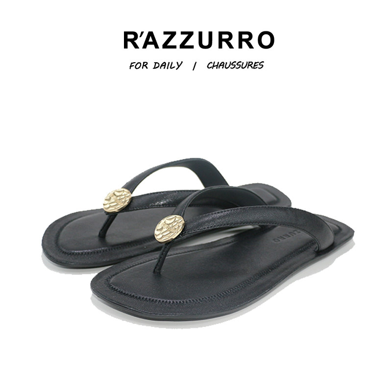 R'AZZURRO24新款夏季简约夹脚拖鞋全真皮一脚蹬外穿防滑舒适女鞋