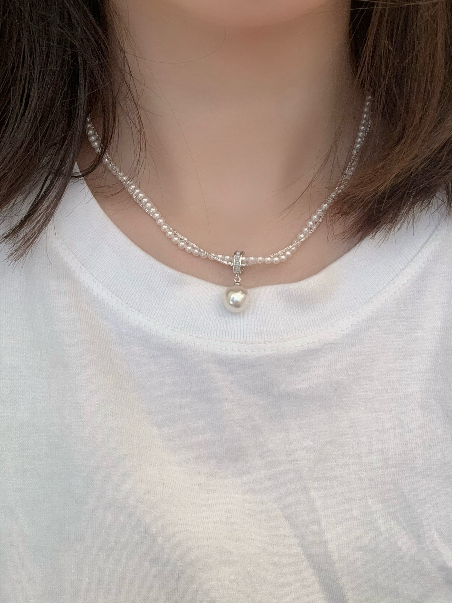 s925纯银珍珠项链碎银几两双层叠带可拆卸珍珠吊坠项链女毛衣项链