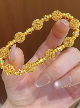 新中式沙金珐琅彩花丝绣球转运珠手链镂空圆珠手串国风送女友礼物