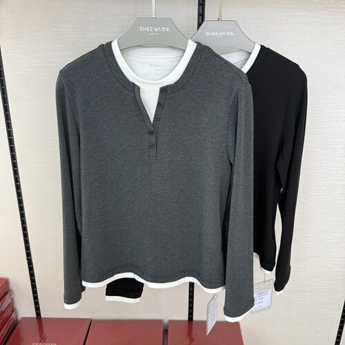 兄华长袖百搭打底衫假两件舒服搭罗纹圆领女士保暖上衣96083A