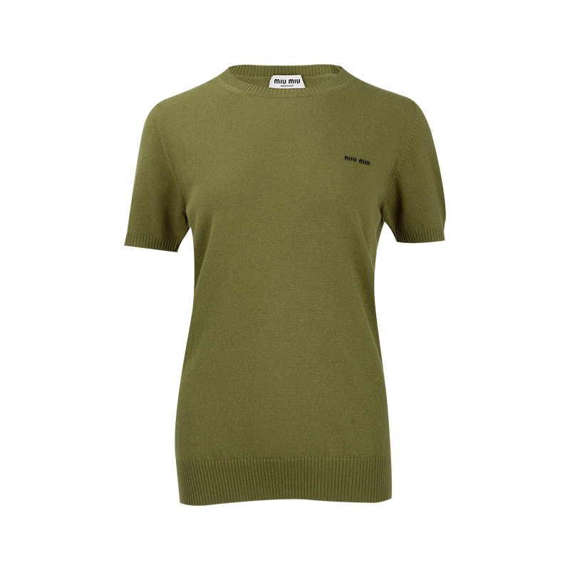 缪缪女士纯色圆领短袖针织毛衣