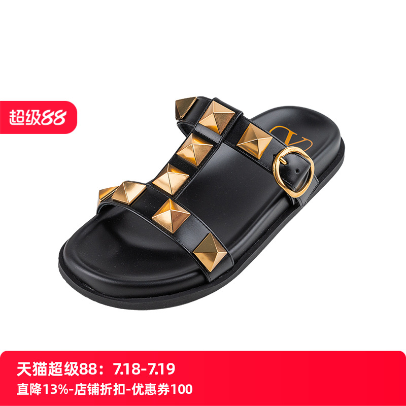 Valentino/华伦天奴女士铆钉黑色休闲平底拖鞋凉鞋女夏季推选