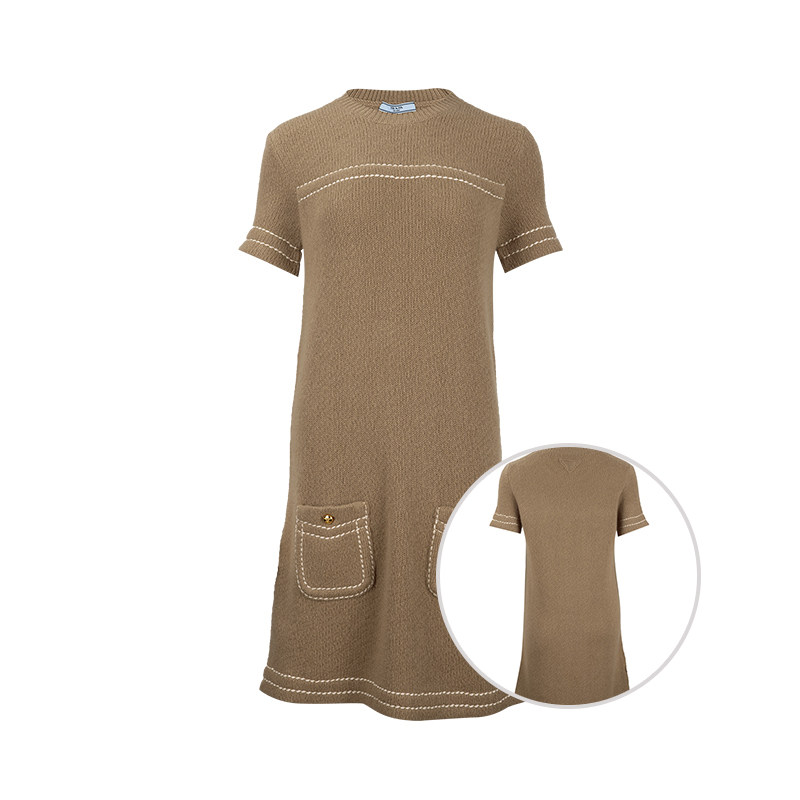 PRADA普拉达女士纯色羊绒针织圆领套头短袖连衣裙女春夏