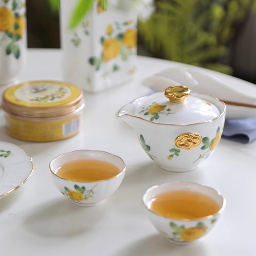 安娜16点（黄玫瑰）骨瓷双耳旅行茶具茶碗杯宝瓶便携精致随身家用