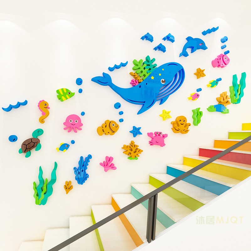 婴儿游泳馆卡通海洋动物墙贴画学校幼儿园楼梯环创主题文化墙装饰图片