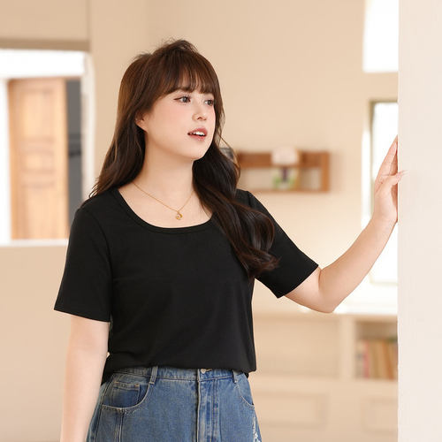 慕翎大码女装通勤风黑色短袖T恤胖妹妹mm遮肉显瘦修身U领上衣夏季