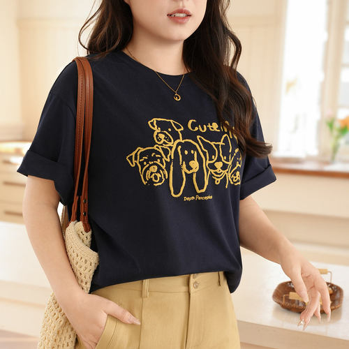 慕翎大码女装卡通狗狗印花短袖T恤胖MM夏宽松圆领上衣通勤穿搭