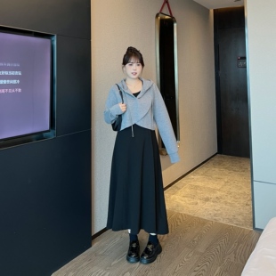 慕翎大码女装2025秋冬新款【奶茶系女孩】连帽卫衣连衣裙显瘦套装