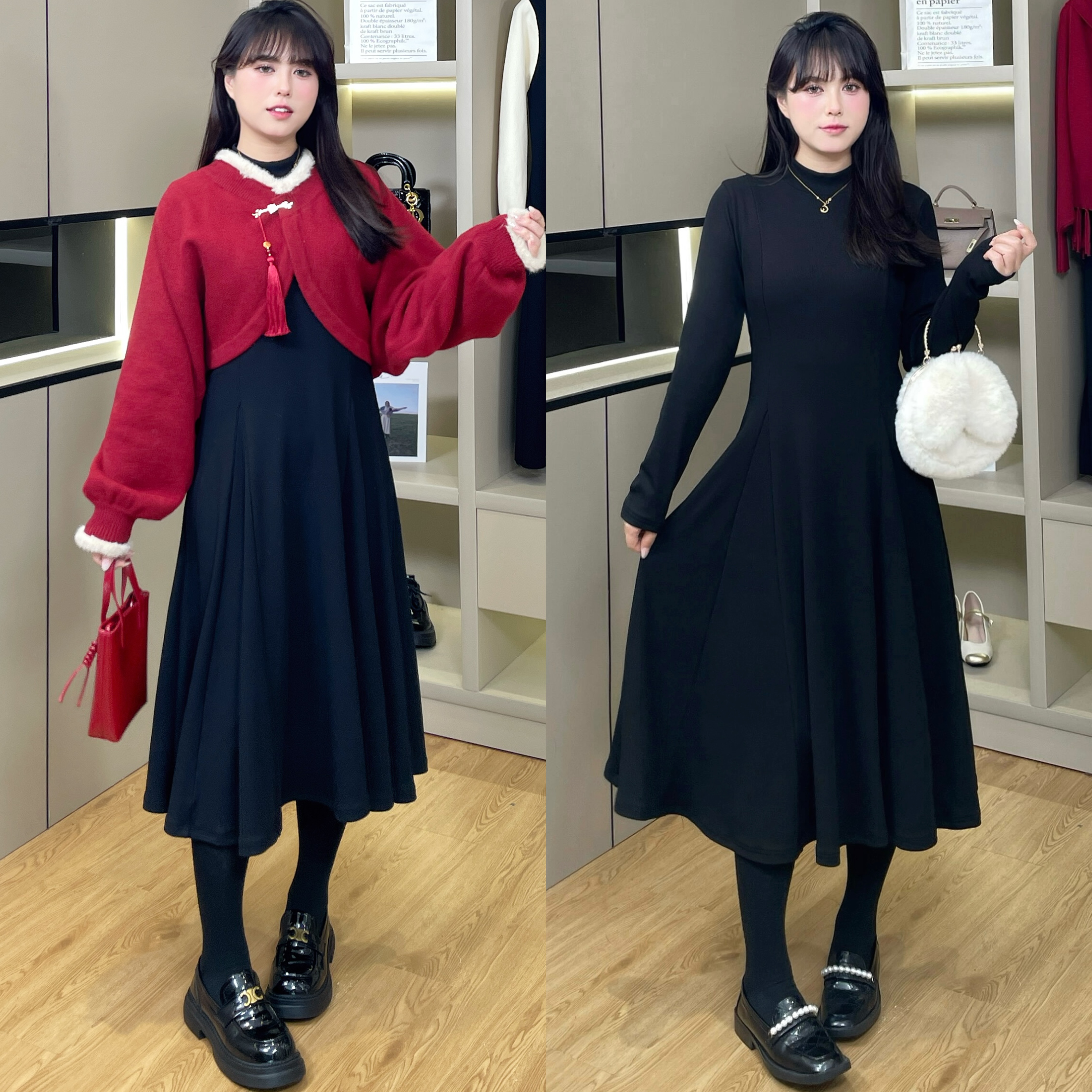 慕翎大码女装胖mm秋冬新款显瘦针织衫+连衣裙两件套遮肉韩版套装