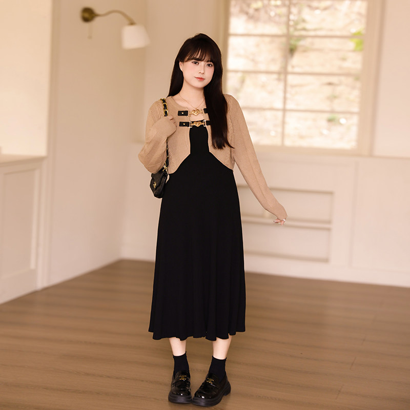 慕翎大码女装法式温柔风针织开衫吊带连衣裙两件套显瘦套装胖mm