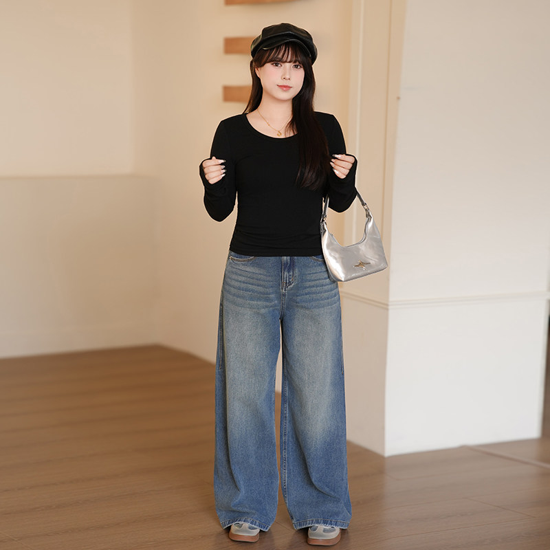 慕翎大码女装黑色修身长袖上衣胖MM高腰阔腿牛仔裤女显瘦两件套装