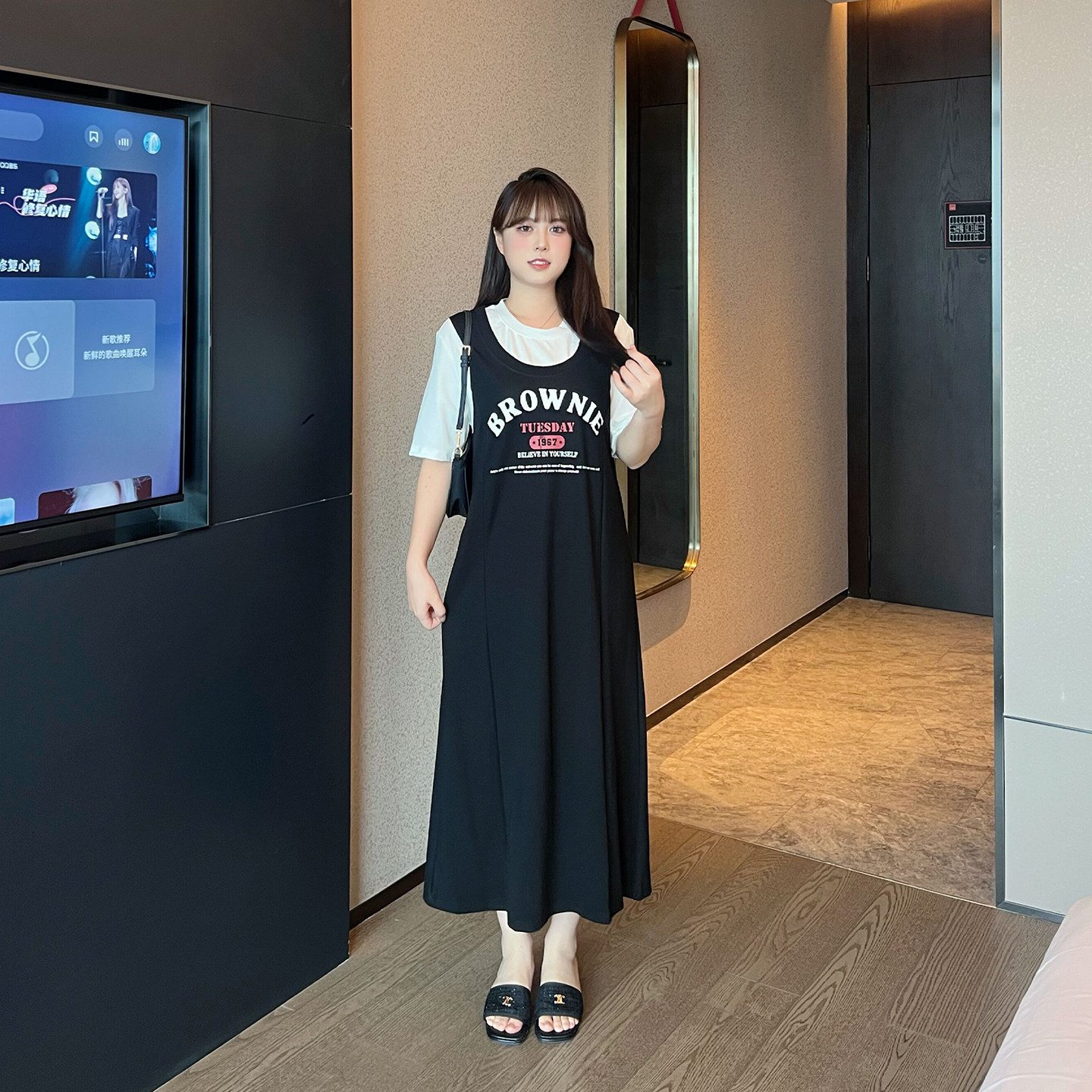 慕翎大码女装2026新款夏装美式复古短袖假两件休闲宽松大码连衣裙