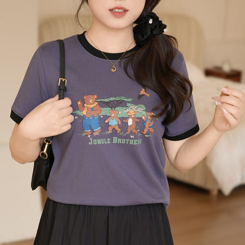 慕翎大码女装美式卡通印花撞色圆领短袖T恤胖妹妹MM夏季简约上衣