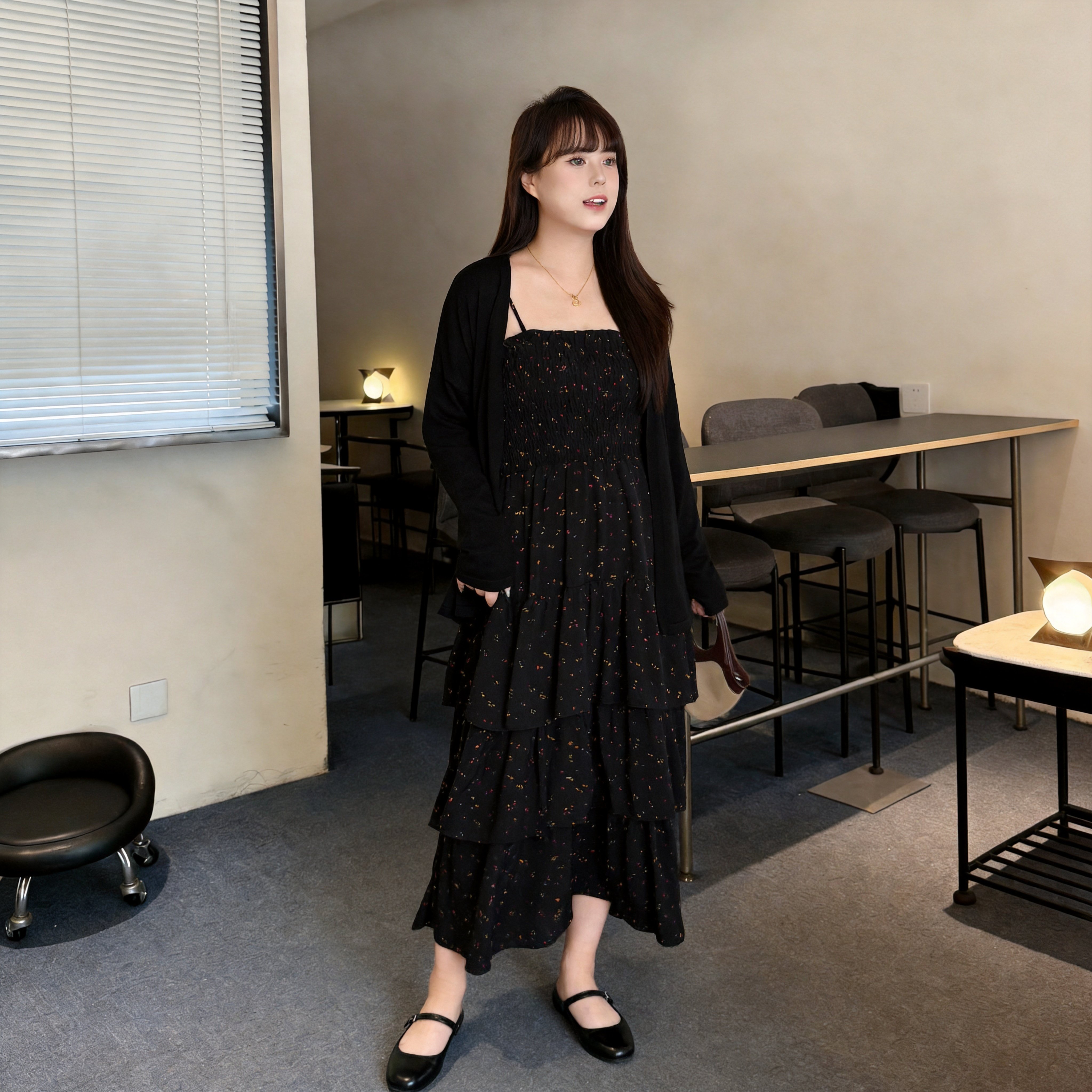 慕翎大码女装碎花吊带裙开衫两件套胖妹妹mm显瘦遮肉蛋糕裙套装秋