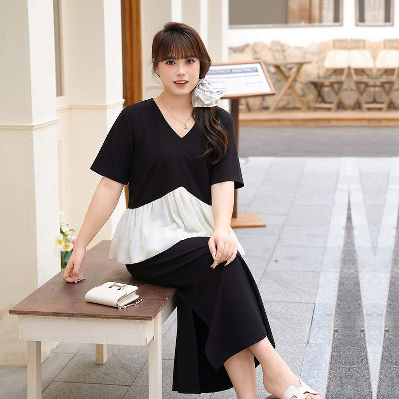 慕翎大码女装夏季V领拼接遮肉显瘦两件套胖MM通勤显瘦设计感套装