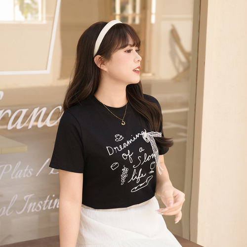 慕翎大码女装黑色印花T恤胖妹妹mm短袖宽松显瘦百搭休闲上衣夏季
