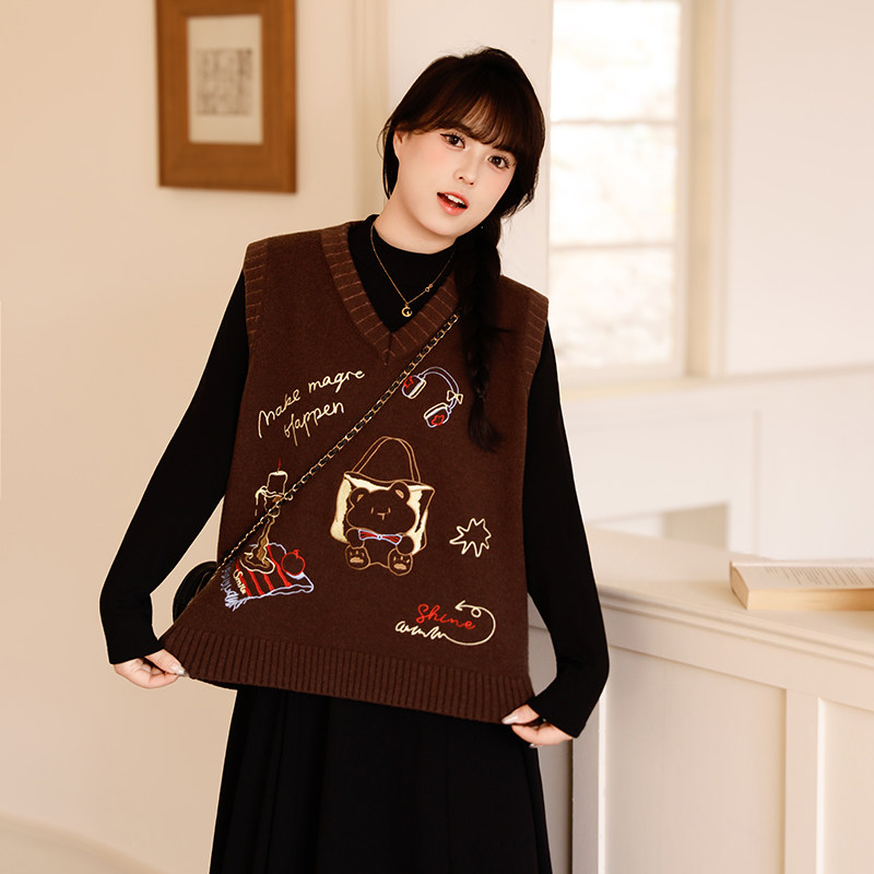 慕翎大码女装学院风卡通刺绣V领针织马甲女胖MM无袖背心叠穿马夹